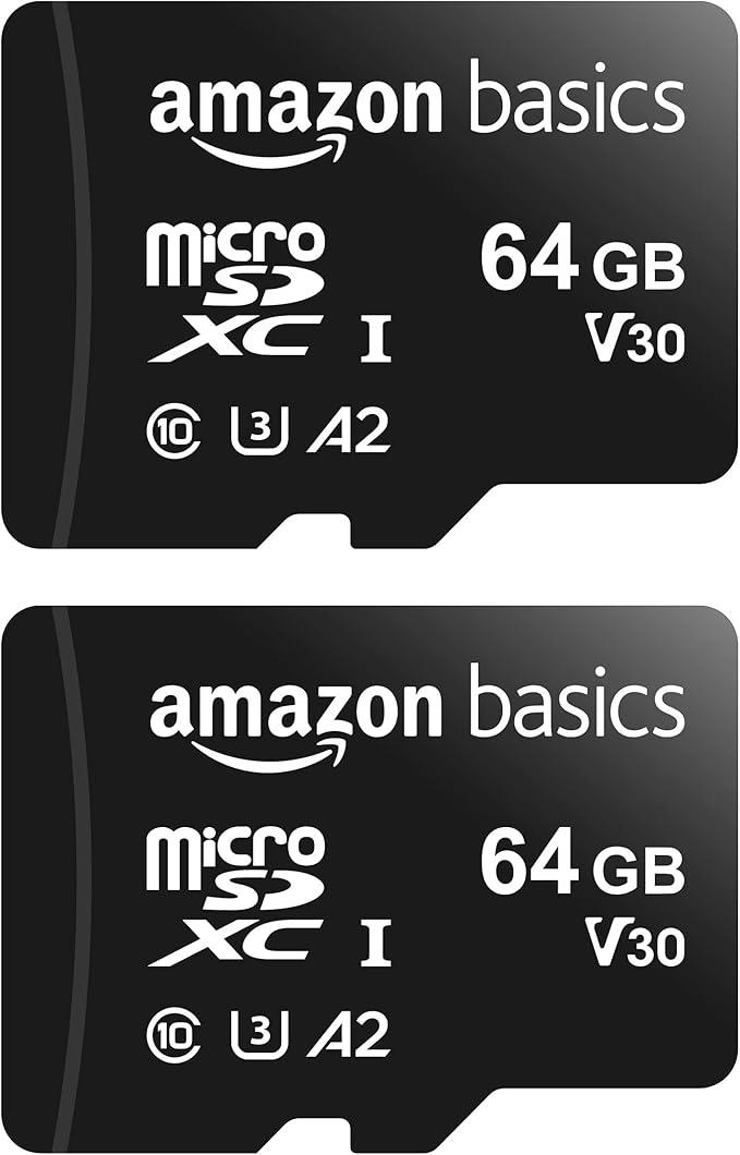 Amazon Basics MicroSDXC UHS-I Class 10 Memory Card with Full Size Adapter, A2, U3, V30, 4K, Read Speed up to 100 MB/s, 64 GB (1pack), for GoPro Cameras Storage, Black