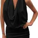 MakeMeChic Women's Halter Mini Dress Draped Front Ruched Bodycon Party Short Dresses (Black, M)