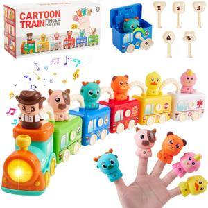 Montessori Toys Train Set for Toddlers 2-4 Year Old,Matching&Sorting Learning Toys Train Set with Music & Light Including 6 Finger Puppets,Keys,Christmas Birthday Gifts for Baby Girls Boys 2+