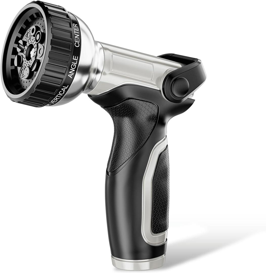 Garden Hose Nozzle with 9 Spray Patterns, Heavy Duty Aluminum Water Pipe Sprayer with Thumb Control On Off Valve for Easy Streams Control, Use for Outdoor