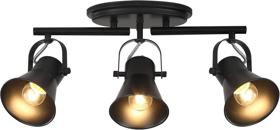 KEESFU 3-Light Track Lighting Kit,Black Semi Flush Mount Ceiling Light with 3 Rotatable Light Heads,Industrial Accent Lighting for Livingroom,Bathroom,Hallway,Art Wall,Bathroom,Kitchen.(3-Light)