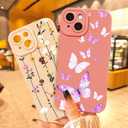 2 x Compatible with iPhone 15 Phone Case, Fashion Flower Pattern Design Girls Women Liquid Silicone Cover, Slim Shockproof and Scratch-Resistant Soft Case for iPhone 15 - Butterfly Pink