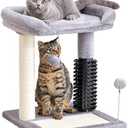 Made4Pets Small Cat Tree Tower, Cat Scratching Post 4-in-1 with Self Groomer Brush, 20" Tall Natural Sisal Cat Scratcher, Plush Perch Bed with Dangling Ball for Indoor Kittens, Grey