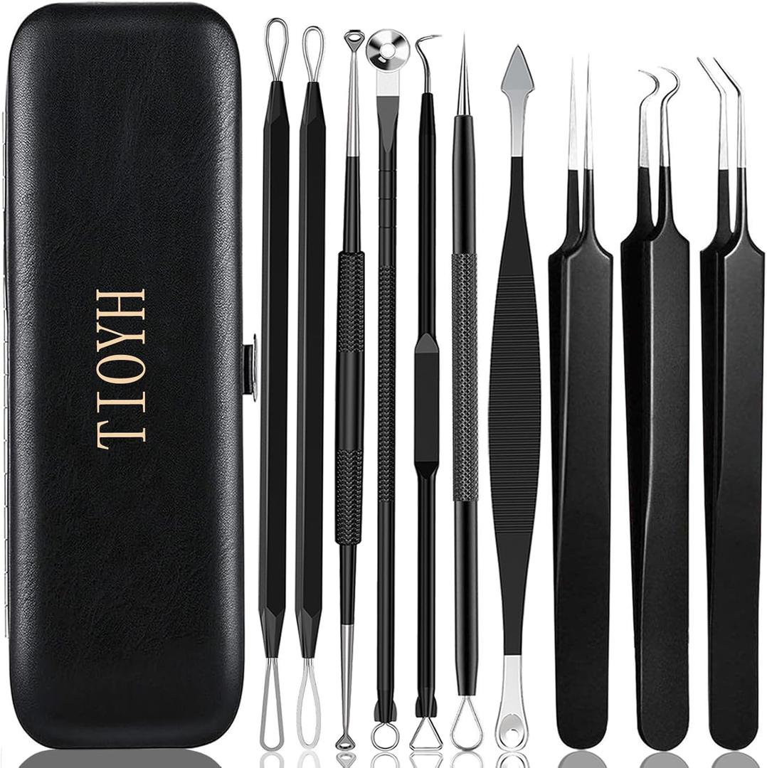 Professional Pimple Popper Tool Kit,10 PCS Blackhead Remover Tweezers,Extractor Acne Removal Kit for Easy Removal for Pimples,Comedone Extractor Tools for Removing Zit,Acne Removal Kit (Black)