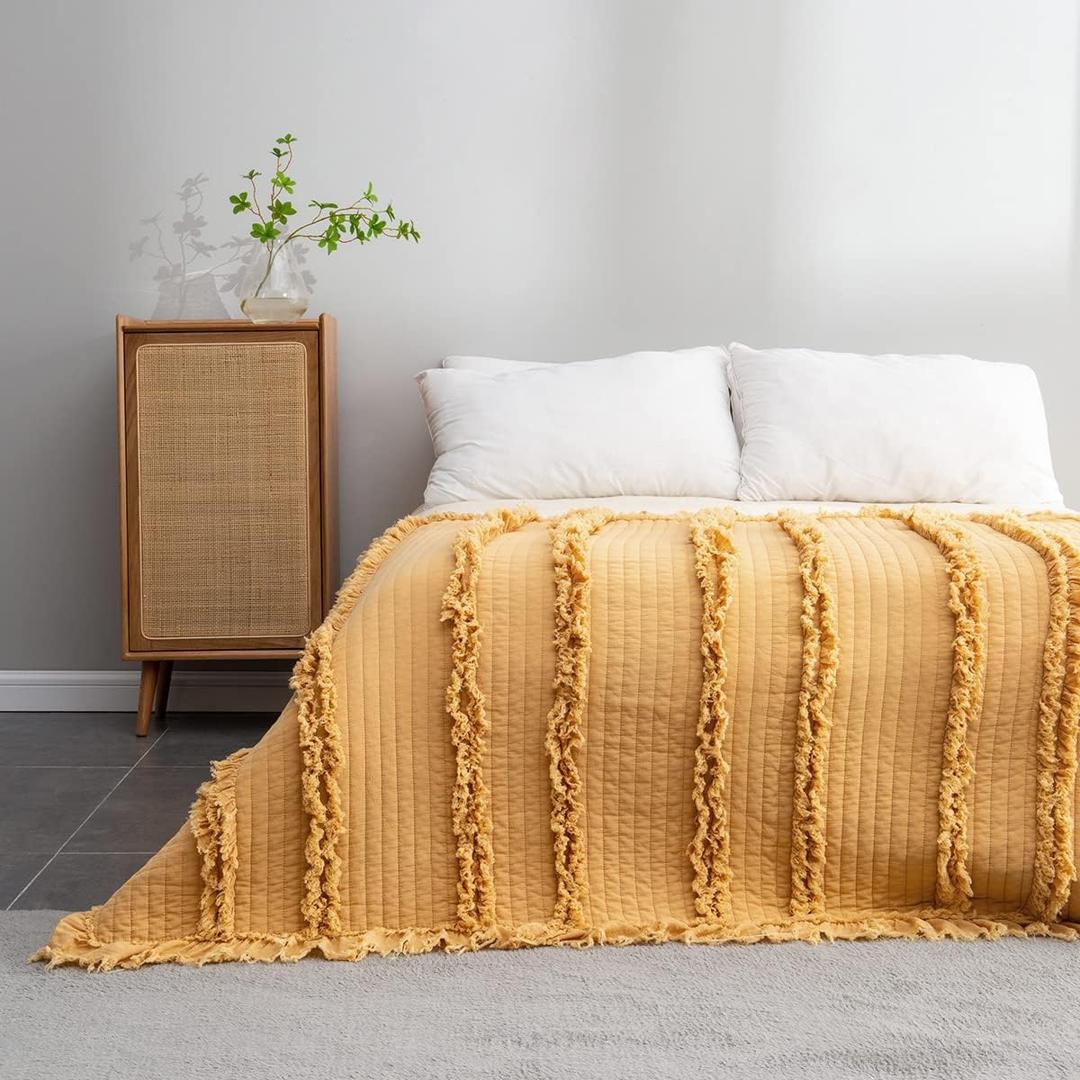 Ultra Soft Pre-Washed Quilted Boho Yellow King Size Blankets for Bed, Ruffle Fringed Decorative Throw, Stone Washed Chic Rustic Blanket for Sofa Couch Bed, 104"*90"