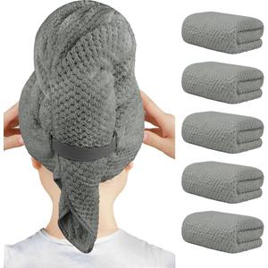 HOMEXCEL 5 Pack Large Microfiber Hair Towel Wrap for Women, Grey- 40 x 20 inches Super Soft, Fast Drying Turbans for Long, Thick, Curly Hair - Anti Frizz Wrap with Elastic Strap