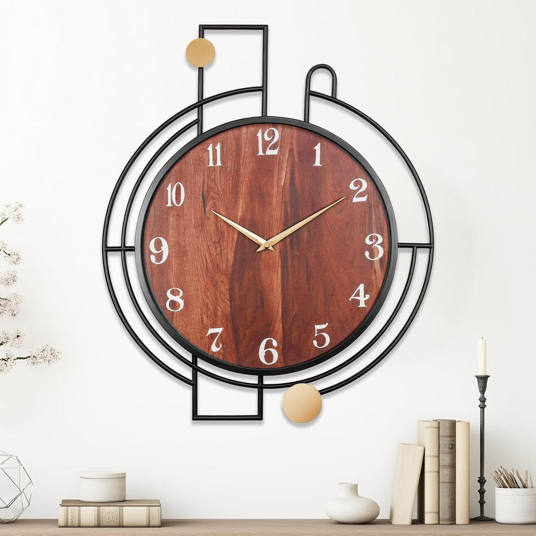 Clocks for Living Room, Modern Geometric Design with Wood Grain Dial Wall Clock Decorative, Silent Large Wall Clock for Bedroom,Study,Kitchen,Corridor Wall Decor (24x20'') (Black)