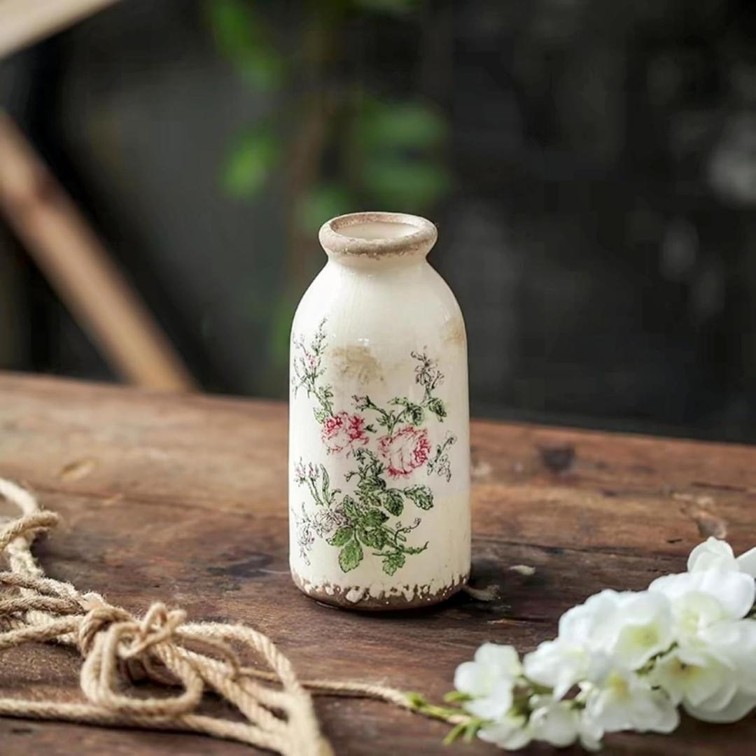 Ceramic Rustic Farmhouse Vase, Distressed Flower Vase for Home Decor, Ideal Shelf Decor, Boho Vase for Living Room Bedroom Kitchen Office Decor Centerpiece Table Decorations (6 inches)