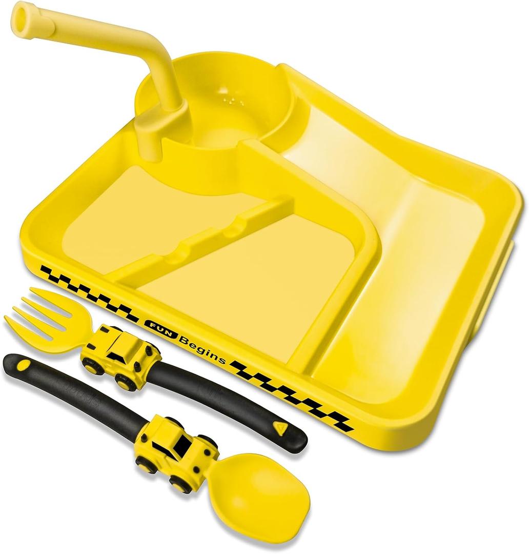 Construction Toddler Plates - Early Christmas Gift Ideas for Grandkids - Toddler Birthday Gift - Kids Plates for Boys Ages 1-2-3-4-5-6-7 - Yellow