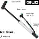 GIYO Mini Bike Floor Pump with Gauge Portable & Lightweight Bike Tire Pump, Aluminum High Pumping Volume Presta/Schrader Frame Mounting Taiwan Made (GM-641)