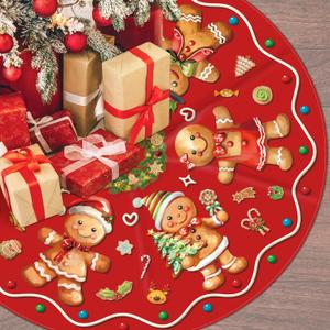 Christmas Tree Skirt 48 Inch Xmas Winter Tree Skirt Christmas Tree Skirt Collar Gingerbread Man Xmas Decorative Tree Mat Rustic Christmas Decorations for Home Office Winter Holiday Party Decor
