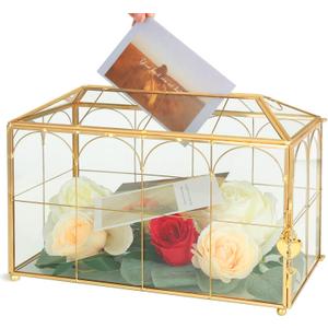 Glass Wedding Card Box with Lock, 12.6x5.9x9 inches Large Gold Card Boxes for Wedding Reception, Graduation, Keepsake Display, Party Centerpiece Gift Box