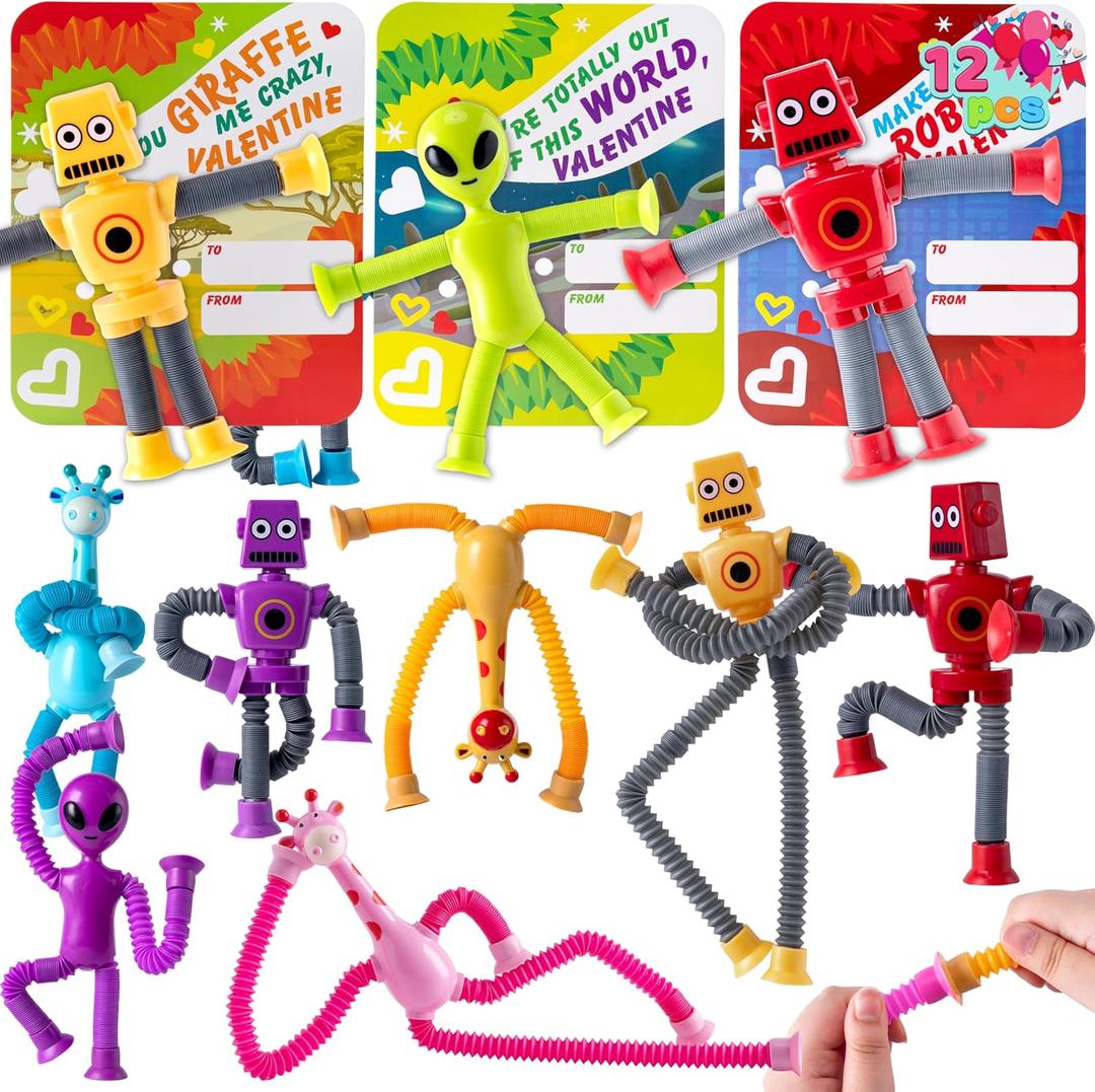 JOYIN 12 Packs Valentine's Day Telescopic Suction Pop Tube with Cards, Kids Toys Party Favors, Classroom Exchange Gift for Kids, Classroom Holiday Prizes