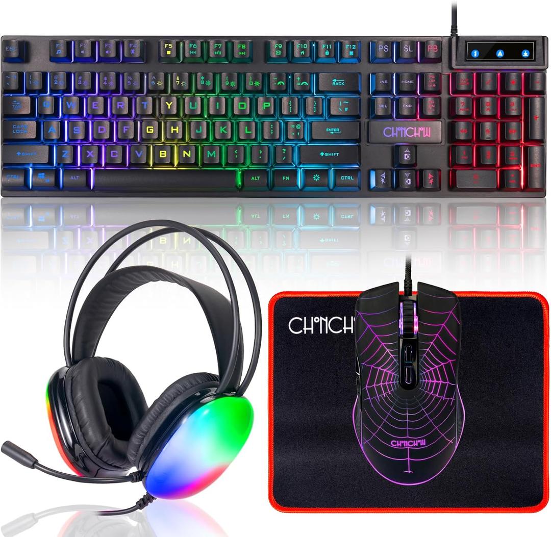 Gaming Keyboard Mouse Mousepad and Headset with mic Combo All in One USB Wired RGB Backlit Rainbow Side Button Gamer Bundle Set Compatible with PC Windows Xbox one PS4 PS5(Black)