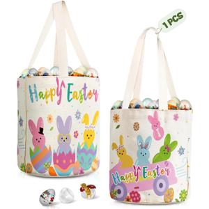 Easter Tote Bags for Kids - Large Easter Canvas Basket with Handles for Egg Hunting Parties, Bunny Design, 1 pc