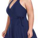 Ocean Blues Women's Plus Size V-Neck One Piece Swimdress Halter Wrap Swimsuit Tummy Control One Piece Skirt Bathing Suit (L)
