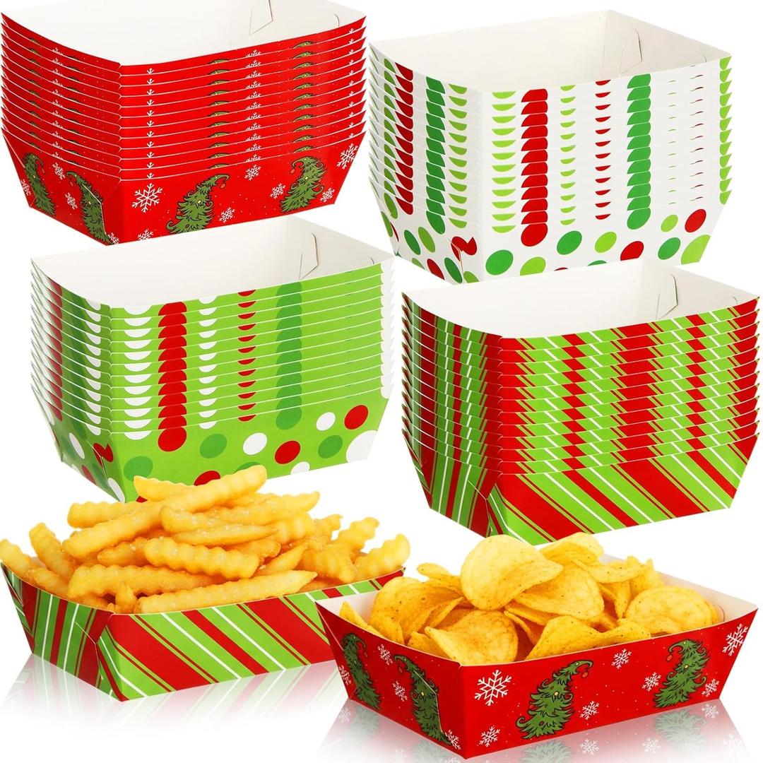 Dunzoom 24 Pcs Christmas Paper Food Trays Plates Disposable Christmas Movie Snack Trays Santa Elf Snowman Red Green Plates Nacho Hot Dog Serving Boat for Xmas Party Supplies Decoration (Style 2)