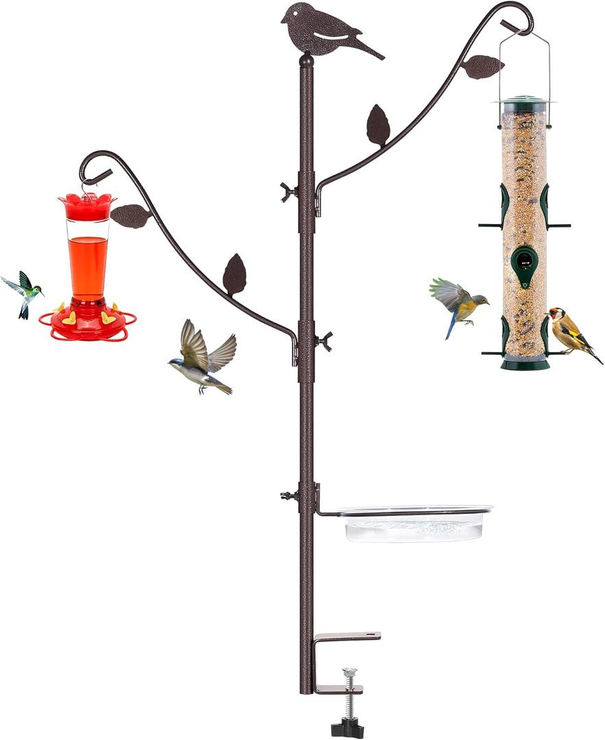 Deck Bird Feeder Pole Porch Multi-Hooks Hanging Kit for Outside with Two Adjustable Branches, Water Bowl, Bird Feeder Planter Hanger (42 Inches without Squirrel Baffle)