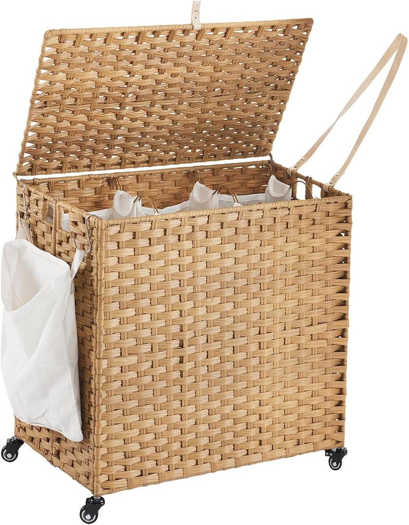 Laundry Hamper with Wheels, 39.6 Gallon(150L) Rolling Laundry Basket with Lid, 3-Section Rattan Clothes Hamper with 3 Removable Liner & 3 Mesh Bags, Laundry Sorter with Side Pocket, Natural