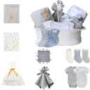 CREVENT Gift Set for Girls Boys -Diaper Caddy Organizer Basket with 2 Blankets, 1 Taggie, 1 Lovey, 3 Socks2 Baby Bodysuits1 Gift Bag with Ribbon - Newborn Essential Baby Shower