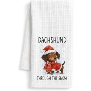 Dachshund Christmas Kitchen Towels, Weiner Dog Gifts for Women Men Dish Tea Towels, Dachshund Lover Gifts Decorative Hand Towel for Kitchen Bathroom Decor, 16x24 Inch