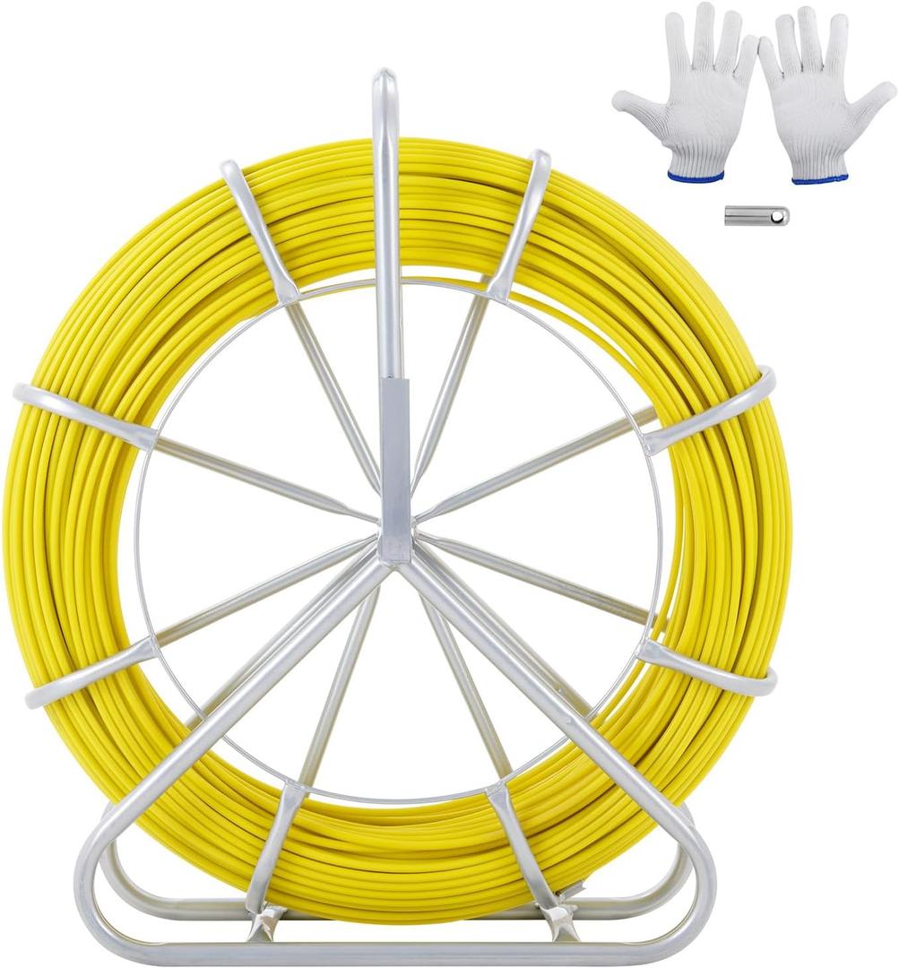 VEVOR Fish Tape Fiberglass, 600 ft, 5/16 in, Duct Rodder Fishtape Wire Puller, Cable Running Rod with Steel Reel Stand, 3 Pulling Heads, Fishing Tools for Walls and Electrical Conduit, Non-Conductive