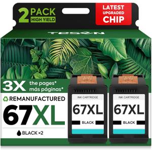 67XL Black Remanufactured Ink Cartridge Replacement for HP Ink 67 67XL Printer Ink use for DeskJet 2700 2700e 2755e 2855e 2800 4155e 4255e 4100 Envy 6400 6055 6055e 6455e Printer 2-Pack