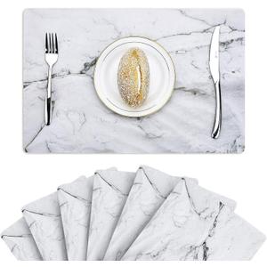 GENNISSY Marble Placemats Washable for Dining Table Set of 6 Thin Environmental Table Mats Wipeable Easy Clean for Kitchen Dinner Party (White Marble)