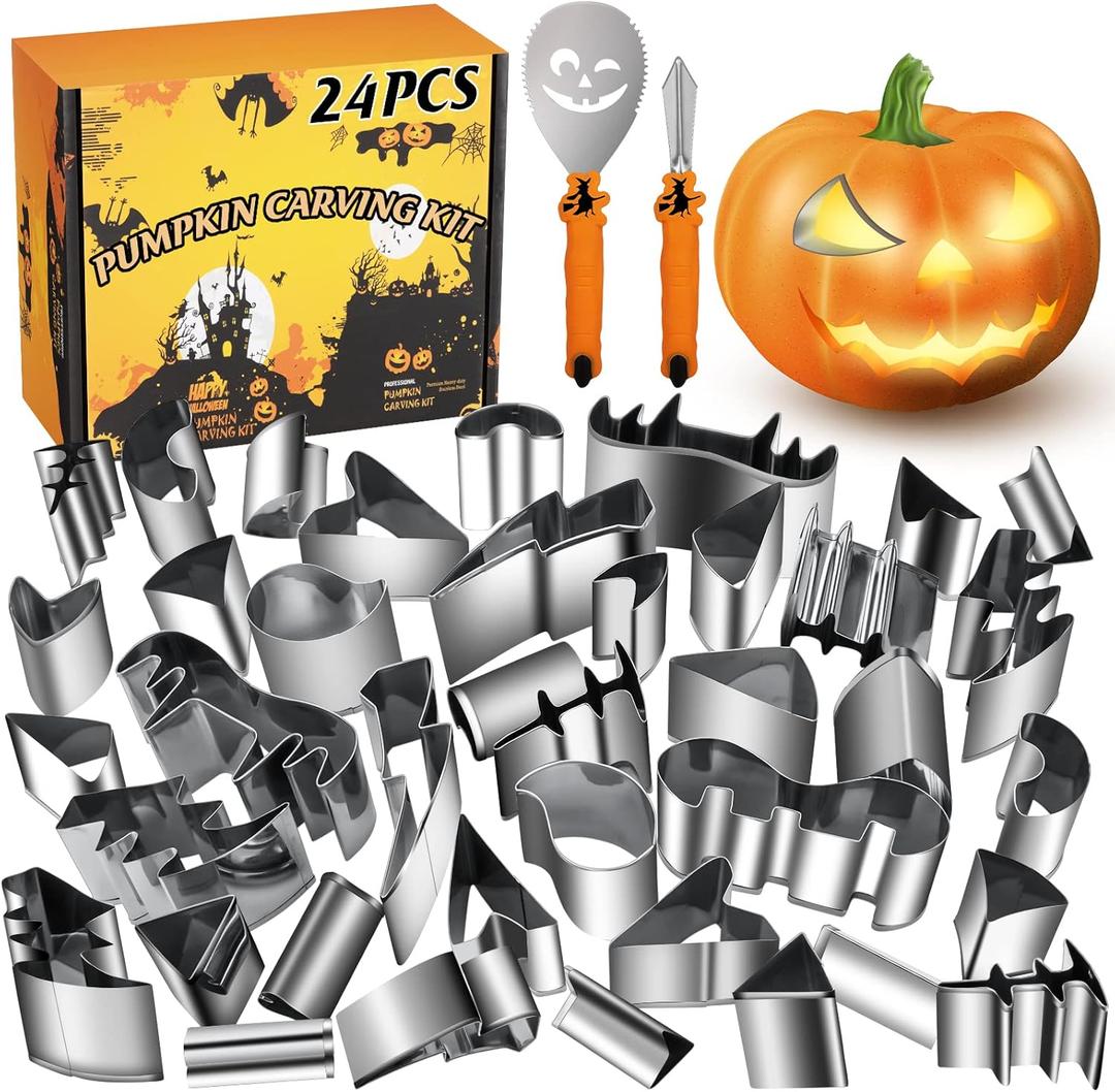 WANNTS Pumpkin Carving Kit Halloween, Safe and Easy Pumpkin Carving Set for Kids, DIY Stainless Steel Pumpkin Carving Tools for Halloween Decoration Jack-O-Lanterns, Gift for Halloween (24 PCS (Without Hammer))