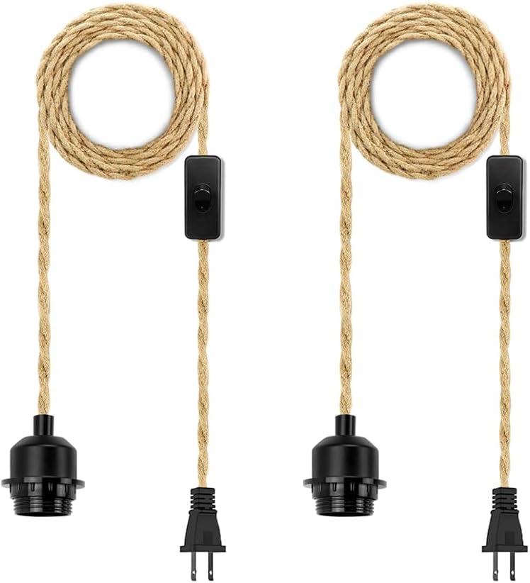 2Pack Plug in Pendant Light Cord, Farmhouse Hanging Lights with Plug in Cord, 15FT Hemp Rope Plugin Hanging Light Cord Kit with On/Off Switch, E26 E27 LightSocketCord