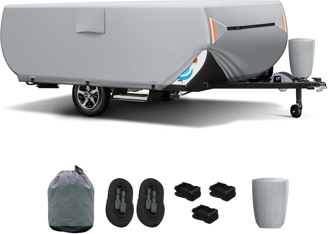 Pop Up Camper Cover 12'-14', Folding Camper Tent Trailer CoverExtra-Thick Oxford PU Waterproof Anti-UV Pop-up Camper Cover with Windproof Straps