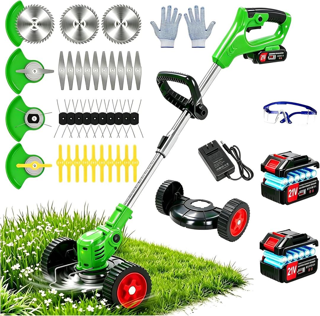 Electric Weed Wacker Battery Powered Weed Eater, 21V Cordless String Trimmer Battery Operated with Wheels & Metal Blades, Lightweight 4 in 1 Grass Trimmer/Brush Cutter/Lawn Edger/Mower for Garden Yard