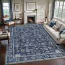 Tangsoo 9x12 Large Area Rug for Living Room, Non Slip Machine Washable Rug for Bedroom, Boho Distressed Vintage Blue Floral Rugs, Soft Indoor Floor Carpet Mat for Office Kitchen Farmhouse Home Decor