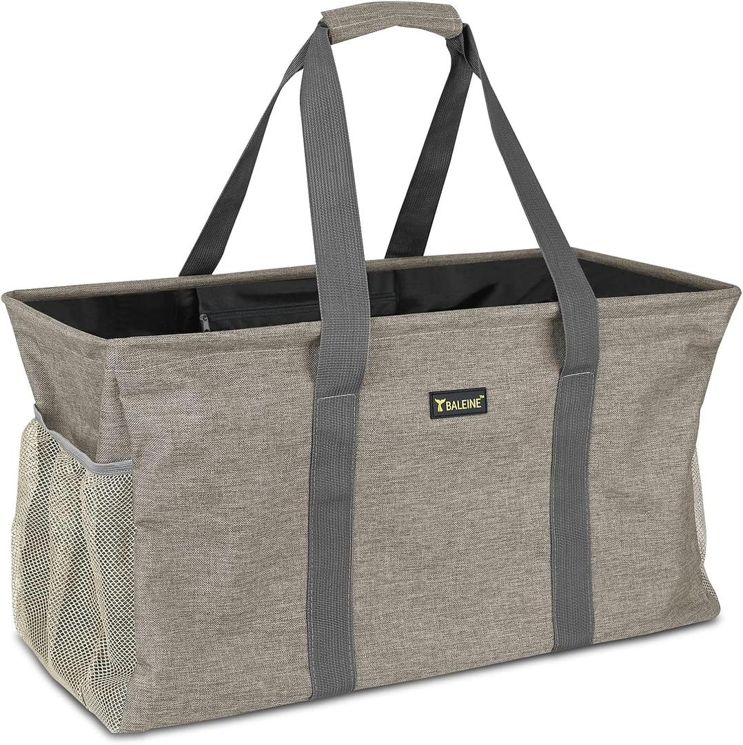 BALEINE Extra Large Utility Tote Bag with Reinforced Wire Frame, Reusable Grocery Bag for Shopping, Picnic (Beige, 22''x12''x10'')