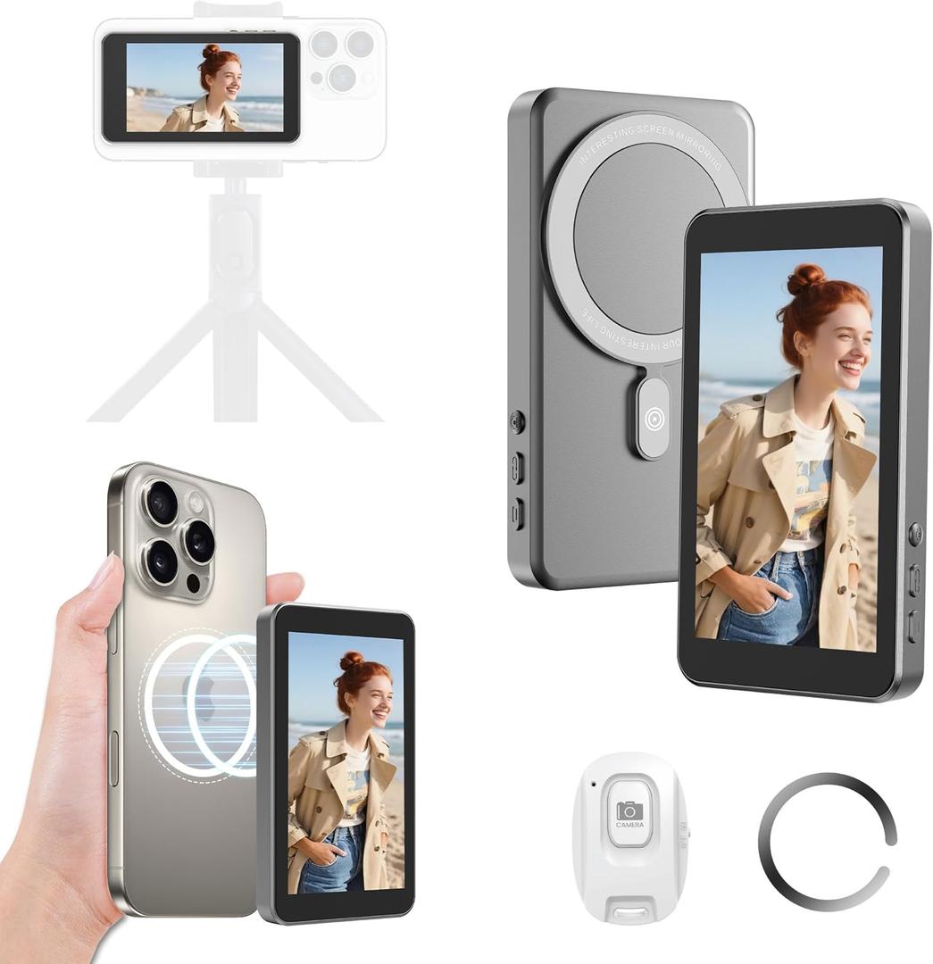 Vlog Selfie Monitor Screen for iPhone & Android, Audio Sync Built-in Speaker, Wireless Magnetic Phone Back Camera Monitor with Remote Control for Selfie Vlog Live Stream TikTok (Grey)