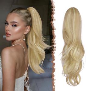 FESHFEN Drawstring Ponytail Extension, Natural Long Wavy Layered Synthetic Pony Tails Dirty Blonde Hair Extensions Hairpieces for Women, 20 inch