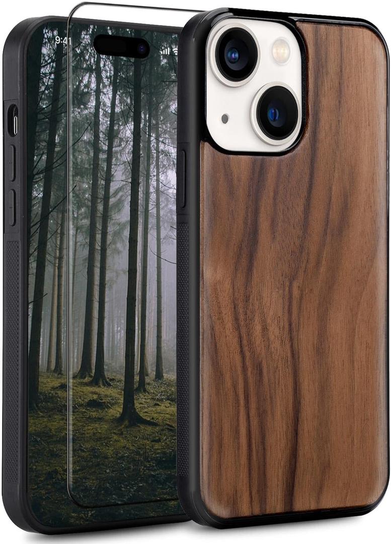 Wood Case for iPhone 15 - Real Natural Wood,- Slim Shockproof Hybrid Wooden Cover for iPhone 15 (Walnut)