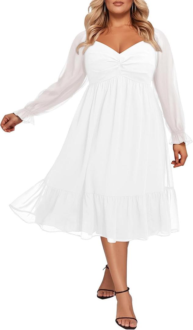 Talisea Plus Size Dresses Sweetheart Neckline Long Sleeves Chiffon Party Cocktail A Line Curvy Womens Midi Dress (White), 26Plus