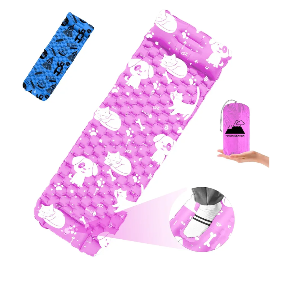 Inflatable Sleeping pad for Kids, Toddler and Youth | Air Mattress w Built-in Pump, 5’5” Ultralight Sleeping Mat with Pillow for Camping, Sleepovers & Travel | Airpad, Kids Cot, Camping Mattress -Pink