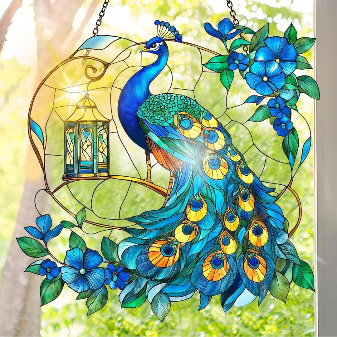 Colorful Acrylic Suncatcher, Peacock Hanging Window Decor with Printed Stained Glass Style Design Sun Catcher, Rainbow Maker Wall Art, Gift Idea & Garden Ornament for Indoor Outdoor Use 7.8 x 7.8 inch