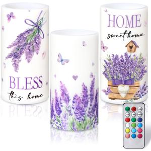 3 Pcs Purple Lavender Flameless Candles with Remote Color Changing Battery Operated LED Pillar Bless This Home Candles for Spring Lavender Easter Living Room Farmhouse Kitchen Decor