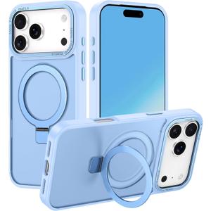 for iPhone 17 Pro Max Case 2025,with Magnetic Invisible Stand [Compatible with MagSafe] Shockproof Slim Translucent Anti-Slip Military Drop Protection Cover,Light Blue