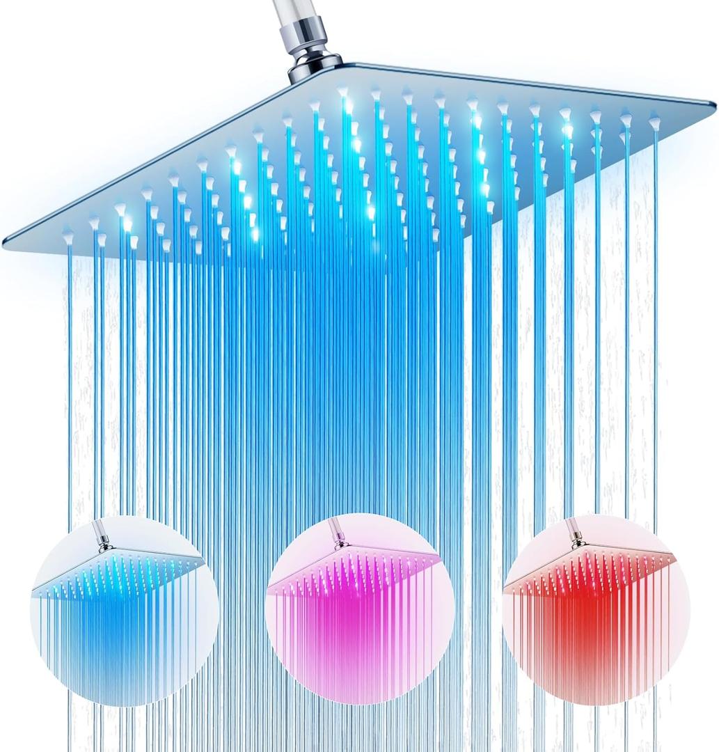 High Pressure 10 Rain Shower Head with LED, Chrome Square Anti-Clogging Fixed Shower Head, 360Adjustable Brass Ball Joint & Auto-Color Changing Technology