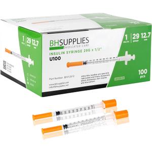 BH Supplies Insulin Syringes U-100 29G 1ml/cc 1/2" (12.7mm) Pack of 100 Pcs