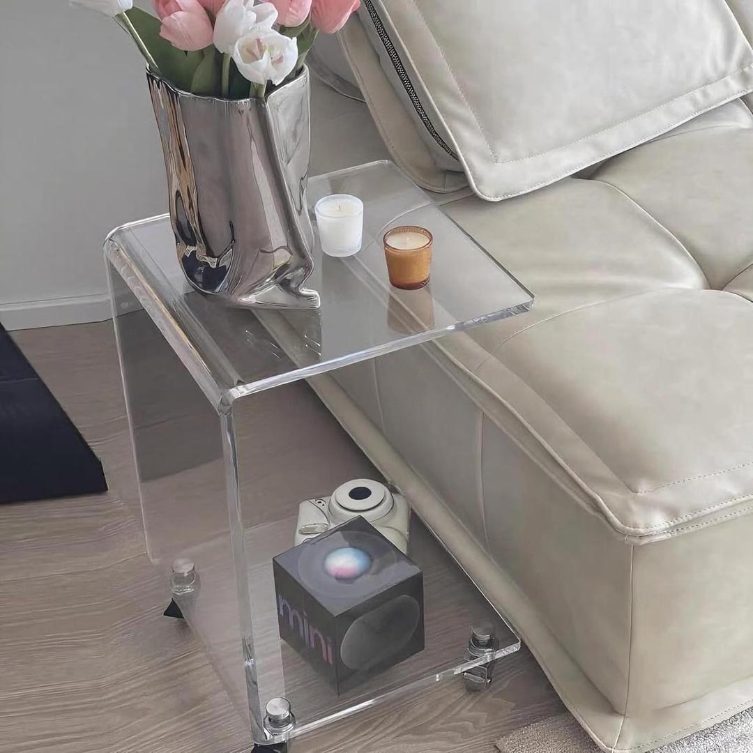 Acrylic Clear Movable End Table -26" h C-Shaped Modern Rolling Bedside/Sofa Side Table, Ideal for Bedroom and Living Room as a Snack Table (12" D x 14" W x 26.36" H)