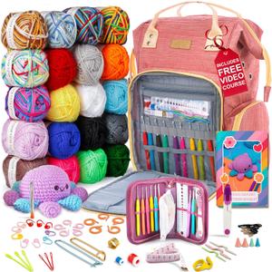 MODDA Crochet Kit for Beginners Adults and Kids  with Backpack and Video Course, Amigurumi and Crocheting Kit, Beginner Crochet Kit with Crochet Bag Backpack, Yarn, Hooks, Book, Crochet Starter Kit