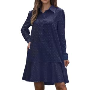 Womens Tunic Shirt Mini Dress Long Sleeve Cotton Short Dress Button Up Ruffle Hem Shift Dresses (Small, Navy Swiss Dot)