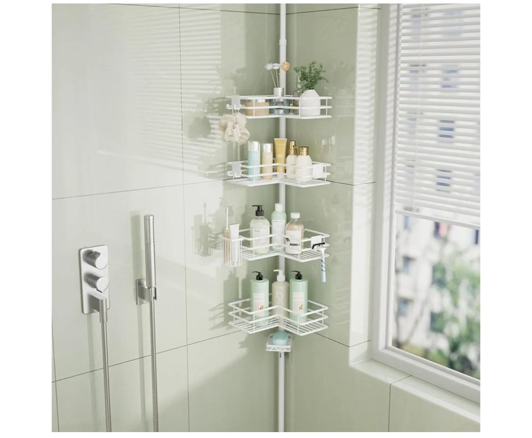HapiRm Corner Shower Caddy Organizer  Shower Organizer Corner with Soap Holder, Toothbrush Holder and 4 Hooks, Rustproof Bathroom Shelf Tension Pole Available for 27.6 to 108.3 Inch  White