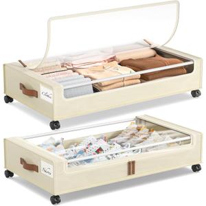 Yecaye Under Bed Storage with Wheels, 2 Pack Under Bed Storage Containers, 60L Underbed Shoe Storage with Clear Window & Label, Rolling Under Bed Metal Drawer for Clothes, Shoes, Books, Blankets (Beige)