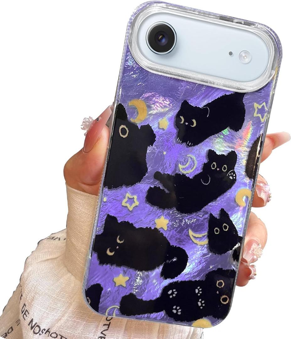 Compact Case for iPhone Air Black cat-Purple Design,Cute Trendy Soft Slim TPU Shockproof Protective Bumper 17 Air Phone Cases Cover for Women Girls Aesthetic Glitter Shiny Adorable